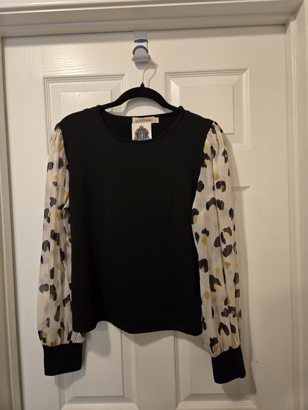 Grace Emma Black Top with Printed Sheer Balloon Sleeves